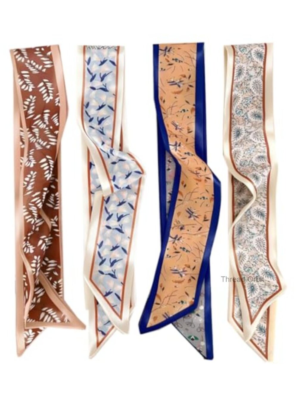 Silk Scarf Set 4 Pk Skinny Hair Head Band Bag Handle Neckerchief Wrap